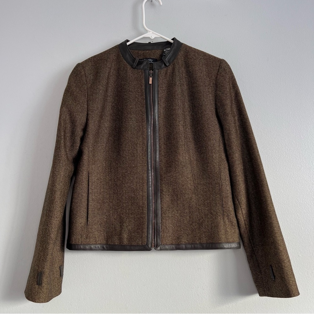 Lord & Taylor 100% Wool With Leather Trim Zip Up Jacket Blazer Brown Sz 8 office